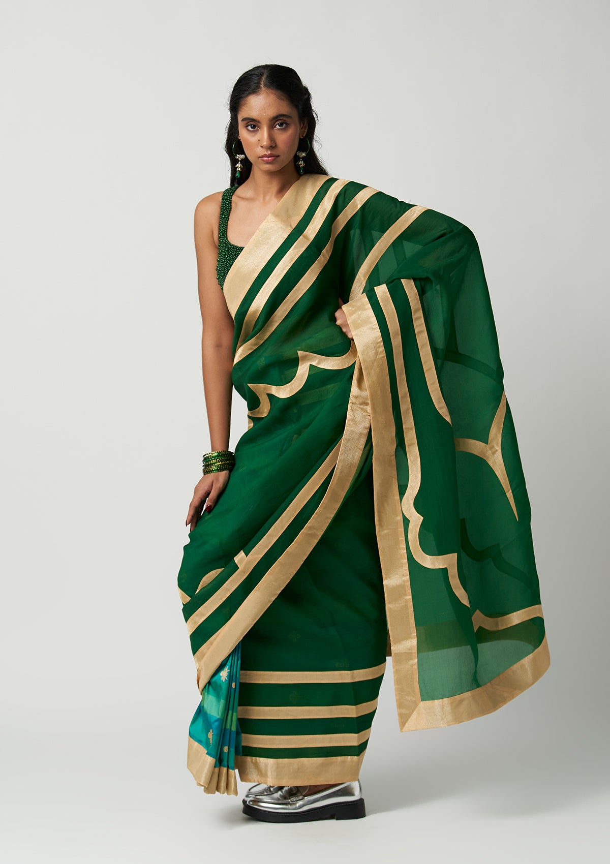 Emerald Mehrabiya Appliqué Silk Saree