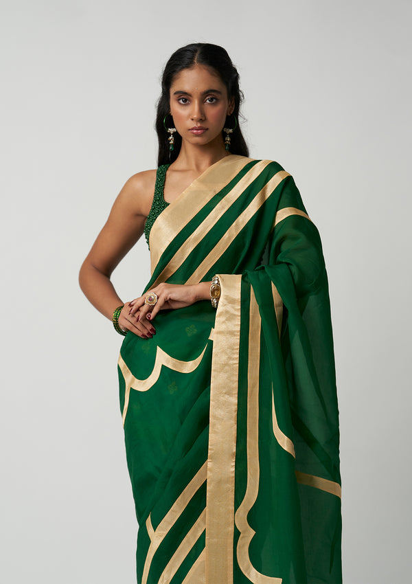 Emerald Mehrabiya Appliqué Silk Saree