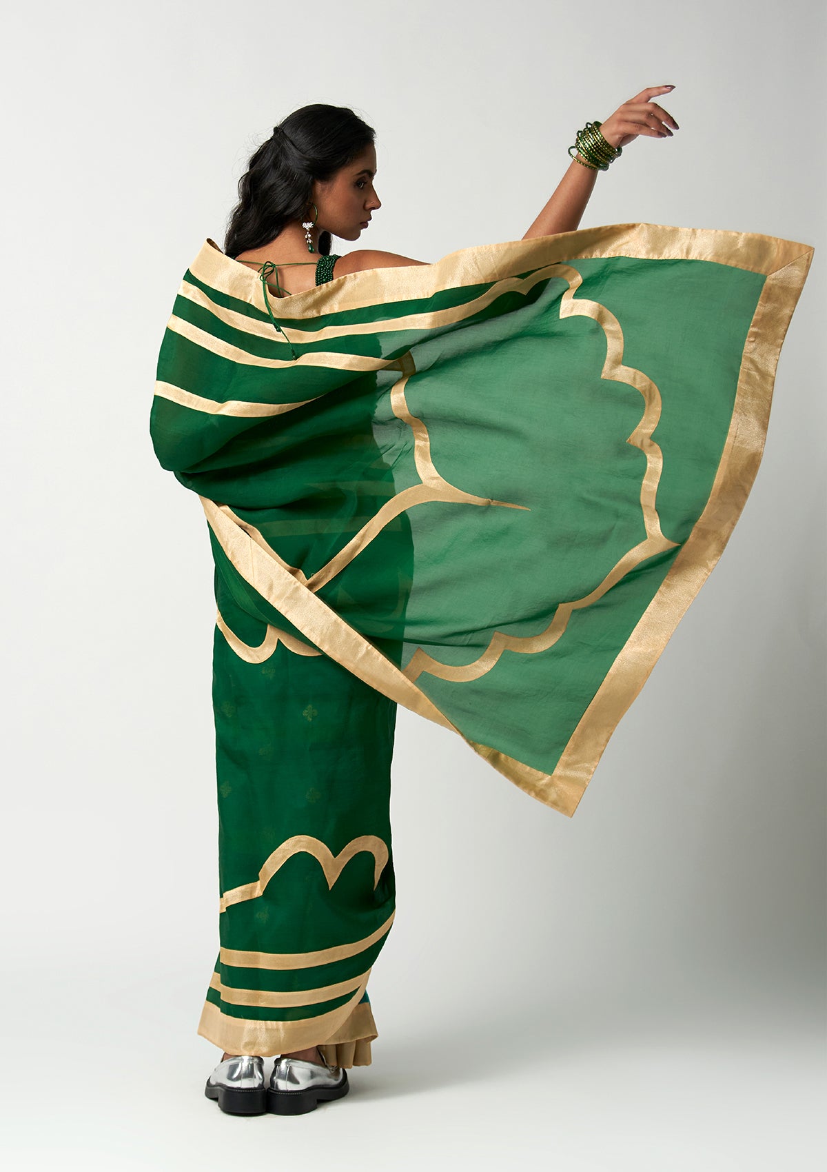 Emerald Mehrabiya Appliqué Silk Saree