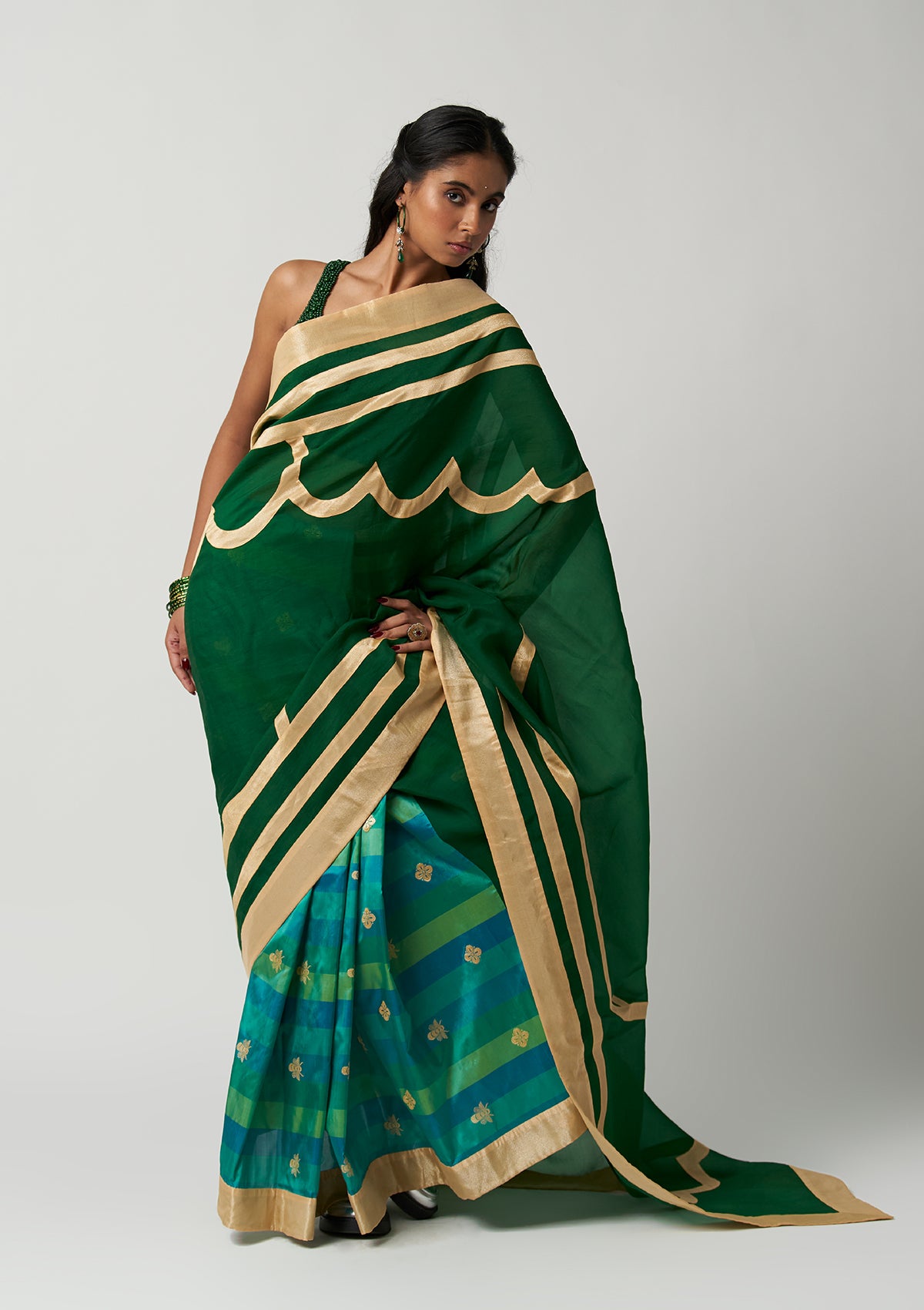 Emerald Mehrabiya Appliqué Silk Saree