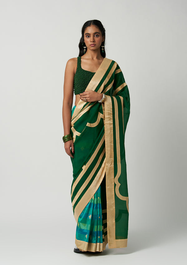 Emerald Mehrabiya Appliqué Silk Saree